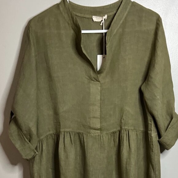 BELLA AMBRA Made In Italy Linen Roll Tab Sleeve Tiered Dress in Olive Size M - Picture 1 of 5